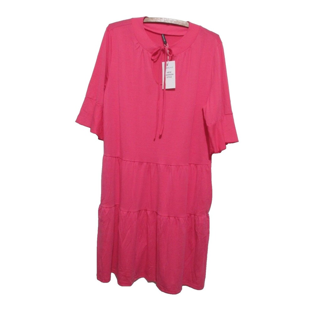 NWT QINCAO Pink Dress Size L Ruffle Sleeve Tiered
